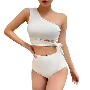 תוספות חמות מכירת כתף אחת עניבת פרפר לבן מוצק סקסי עם קו מותן גבוה בגד ים בגדי ים ביקיני ברזילאי אישה 2021 אמבטיה לשקע החוף