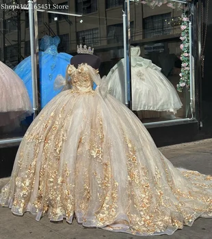שמפניה הנסיכה הטקס שמלות 2023 תחרה פרחוני 3D אפליקציות תחרה למעלה הכנסייה הרכבת 16 הנשף מקסיקני Vestidos דה-15