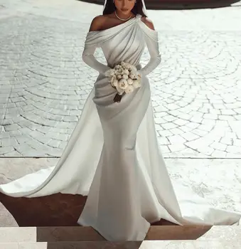 אלגנטי בתולת ים חתונה שמלות שרוולים ארוכים פאייטים סאטן כתף אחת חרוזים רוכסן רכבת אפליקציה שמלות כלה בהזמנה אישית