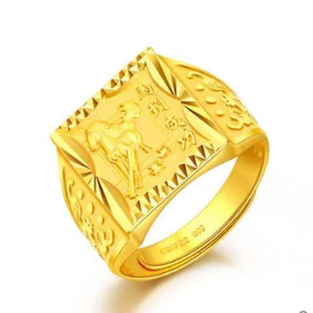 גברים מדומה 3D קשה זהב 24K זהב רחב פנים מרובע הטבעת של גברים טבעת מוצקה בוס אגרסיבי של גברים טבעת פתוחה