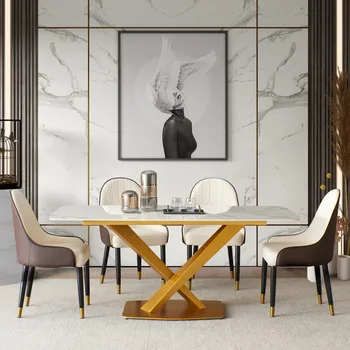 Sintered אבן שולחן פינת אוכל עם 6 יח 'כסאות ,קארה צבע לבן , מודרני, פינת אוכל שולחן עם זהב טהור פחמן סטל בסיס 63