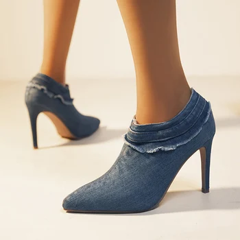 לנשים ג ' ינס עקבים גבוהים נעלי מחודד בוהן מסיבת נעליים 2023 הקיץ מעצב חדש סקסי משאבות שמלת החתונה פאטוס רוכסן נעלי עקב