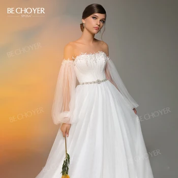 רומנטי חרוזים שמלת החתונה 2023 פאף שרוול קריסטל חגורת קו כלה שמלת BECHOYER EL25 אישית הנסיכה Vestido De Noiva