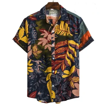 פשתן שרוול קצר חולצת גברים קיץ פרחוני חופשי באגי מזדמן הוואי חג החוף חולצת טריקו חולצות כפתורים, חולצה בסגנון הלאומי