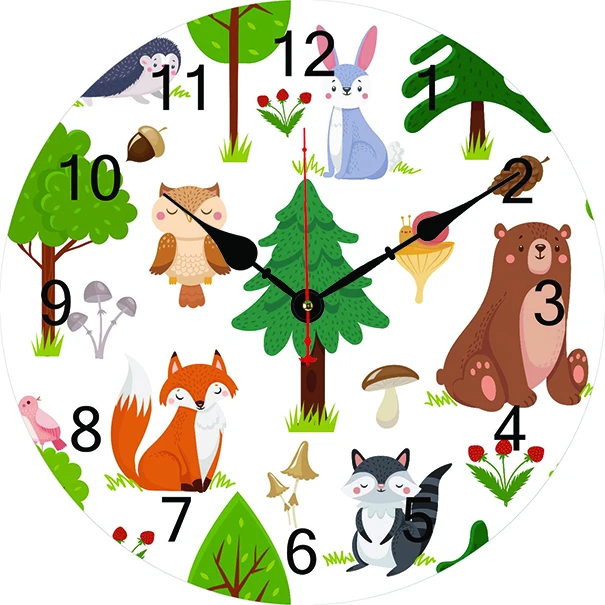 הקריקטורה חיות היער-דוב ינשוף פוקס שעון קיר הסלון, חדר השינה, המשרד קישוט השעון במטבח אמנות קיר שעון עיצוב הבית - 0