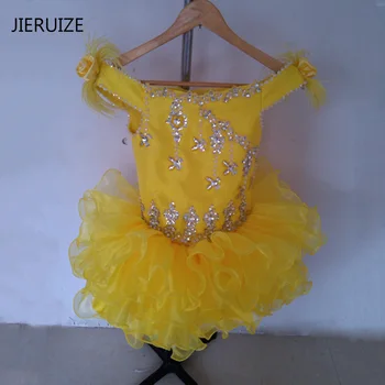 JIERUIZE צהוב אורגנזה את הכתף הקאפקייקס קצר פרח ילדה שמלות תחרות שמלת ילדה תינוק פעוט שמלות