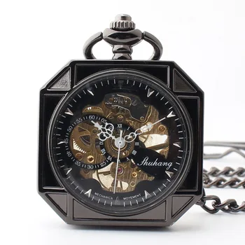 20pcs/lot בציר שחור חלול להפוך מכאני שעון כיס שלד שעונים של גברים מתנת שעון עם שרשרת סיטונאית