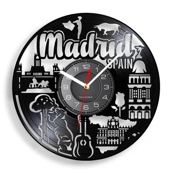 ספרד עיר הבירה מדריד קו הרקיע של חיתוך לייזר Longplay שעון קיר Spainish תרבות עיצוב הבית מדריד העירוני התקליט ויניל שעון