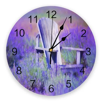 סגול לבנדר שדה פרחים הכיסא PVC שעון קיר בעיצוב מודרני בסלון קישוט קיר שעון הביתה Decore קיר שעון דיגיטלי