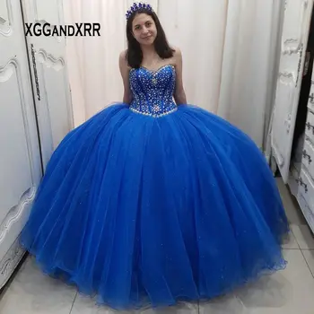 כחול מלכותי כדור שמלת קינסאנךרה שמלה אלגנטית מתוקה פאייטים גבישים יום ההולדת חלק שמלת 16 שמלת מחוך עיצוב
