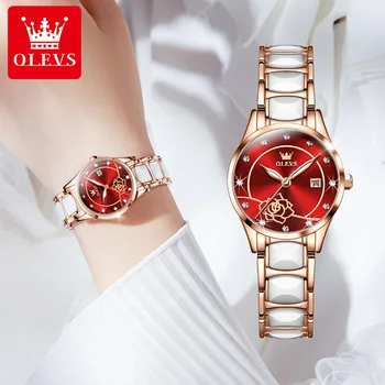 OLEVS העליון מותג יוקרה נשים שעונים האופנה רוז זהב אוטומטי תאריך קוורץ שעונים קרמיקה רצועת גבירותיי שעון יד montre פאטאל