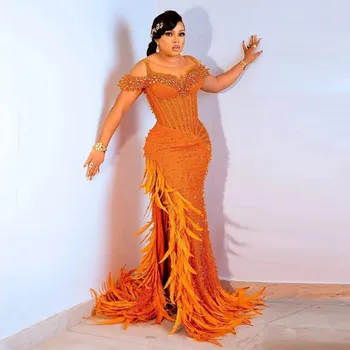בתוספת גודל אפריקה רשמית אירוע שמלות יוקרה נוצות חרוזים כתומים שמלת הנשף הניגרי אסו עבי-סגנון מסיבה שמלה בהזמנה אישית