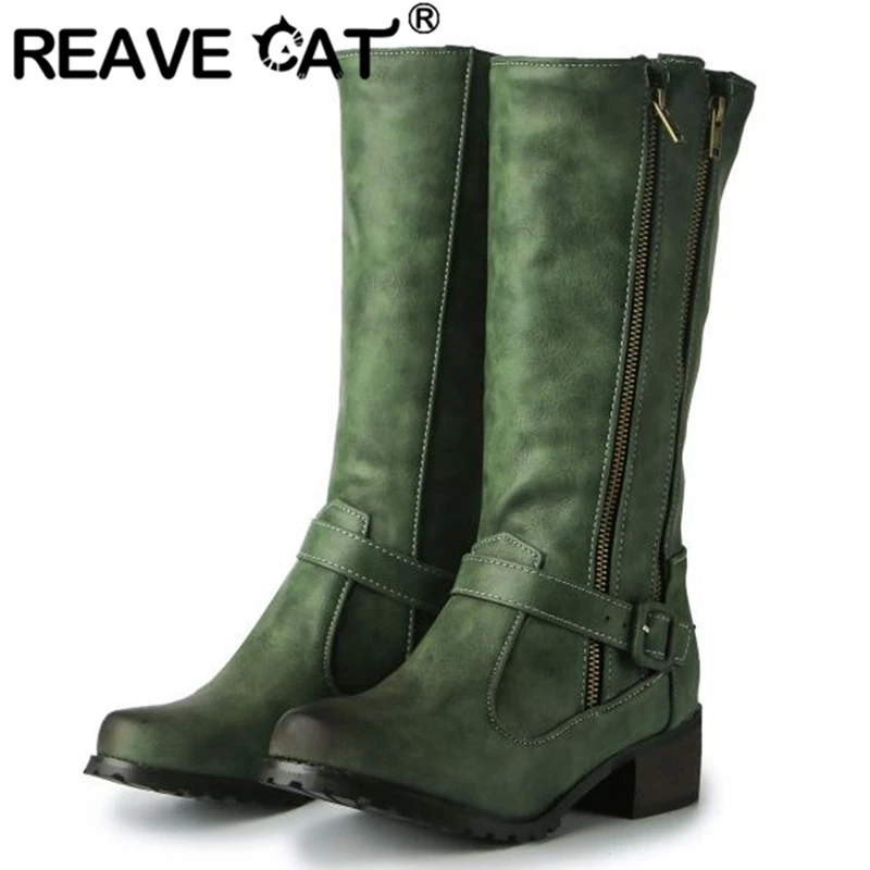 REAVE חתול מגפי רכיבה, אישה עגול הבוהן עקבים עבים כפול אבזם רוכסן גודל פלוס 33-45 ירוק משמש אדום תמציתי סתיו S2750 - 0