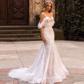 פריסת NICEB רומנטי בוהו שמלת החתונה 2023 מחוץ כתף נצנצים התחרה בתולת הים מתוקה ללא משענת טול החלוק de mariée