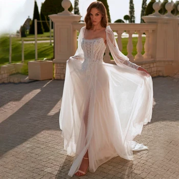 שמלת סטרפלס אפליקציות תחרה אשליה להסרה שרוול ארוך טול Backlesss קו שמלת החתונה שמלת כלה Vestido De Noiva