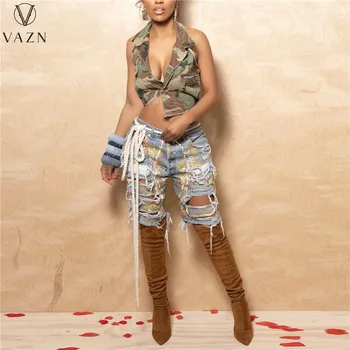 VAZN 2023 הקיץ חלול החוצה דנים מוצק צעירה סקסית ציצית ג 'ינס באורך הברך ג' וקר גבוהה סגנון רחוב גבוהה המותניים נשים במכנסיים קצרים.
