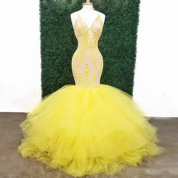 צהוב סקסי שמלות לנשף עם עמוק צוואר V תחרה, אפליקציות בתולת ים שמלות ערב בתוספת גודל טול רכבת לטאטא רשמי שמלת מסיבת