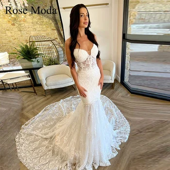 רוז Moda התחרה בתולת ים שמלות חתונה עם רכבת ארוכות יעד שמלת כלה מותאמים אישית להפוך