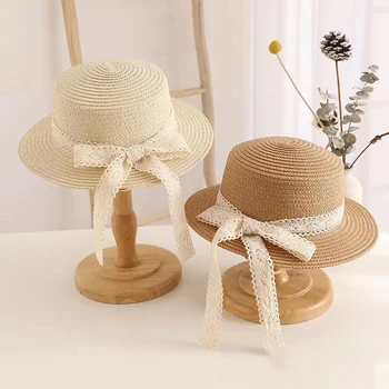 ילדים השמש בקיץ כובע תחרה Bowknot סרט שטוח העליון כובע קש נסיעות ילדים בנות חוף פנמה כובע