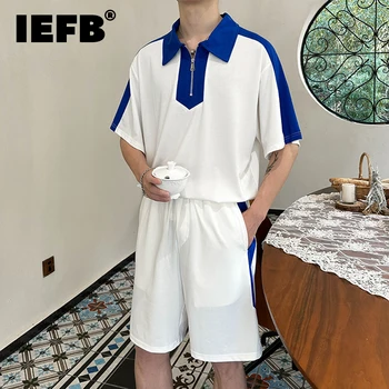 IEFB הקיץ של גברים של האופנה הגברים חליפת שני חלקים ניגודיות צבע תכליתי קצר השרוול רוכסן החולצה להגדיר יפן בסגנון יריות 9A8608