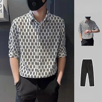 חצי שרוול לגברים חולצה וחולצה הגיאומטרי המקורי זולים המותג הגברי העליון מזדמן קבוע עם צווארון בסגנון קוריאני בגדים מגניבים