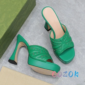 קיץ ירוק עור מתכת מסמרת פלטפורמה עם עקבים גבוהים נעלי עור אמיתי הבוהן ציוץ פרדות המותג של נשים עבות העקב נעליים