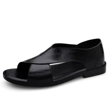 הקיץ של גברים איכות אמיתי סנדלי עור שחורים אנטי להחליק לנשימה נעליים מזדמנים נוחים עסקים תחתון שטוח סנדלים