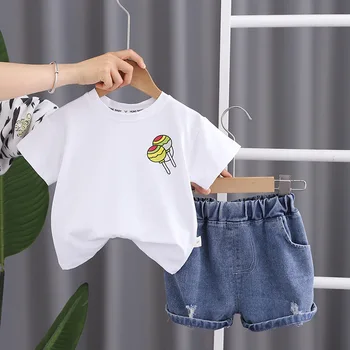 תינוק בגדי קיץ הפעוט תלבושות קוריאנית קריקטורה שרוול קצר חולצות, מכנסי ג ' ינס קצרים מוסלין חליפת אדידס לילדים