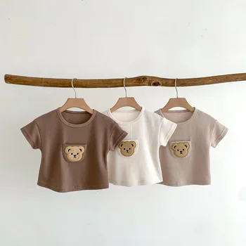 5693B התינוק 2023 חולצת קיץ חם מכירה קריקטורה דוב הוופל בוי חולצה פשוטה עם שרוולים קצרים העליונה של 0-3Y בנות חולצה