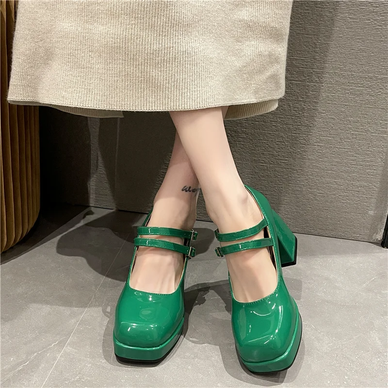 2022 אלגנטי גבוה העקב פלטפורמת משאבות נשים בוהן מרובע עבה עקב מרי ג ' יין פטנט עור עם עקבים גבוהים צד נעלי נשים נעליים - 1
