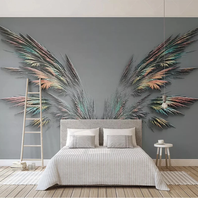 אופנה מודרנית 3D הקלה נוצות הכנפיים ציור קיר טפט חי בחדר השינה אמנות מופשטת רקע קיר מדבקה עמיד למים קיר - 1