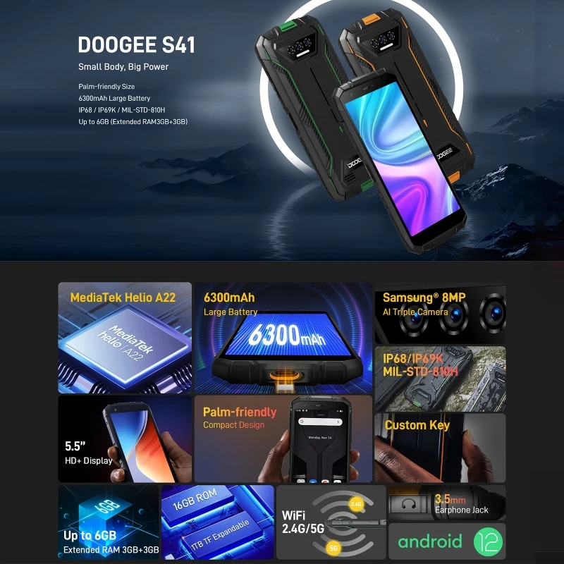DOOGEE S41 Doogee S41 Pro IP68/IP69K מחוספס 3GB+16GB/4GB+32GB 6300mAh Helio A22 5.5 אינץ אנדרואיד 12 טריפל איי מצלמת הטלפון הסלולרי - 1
