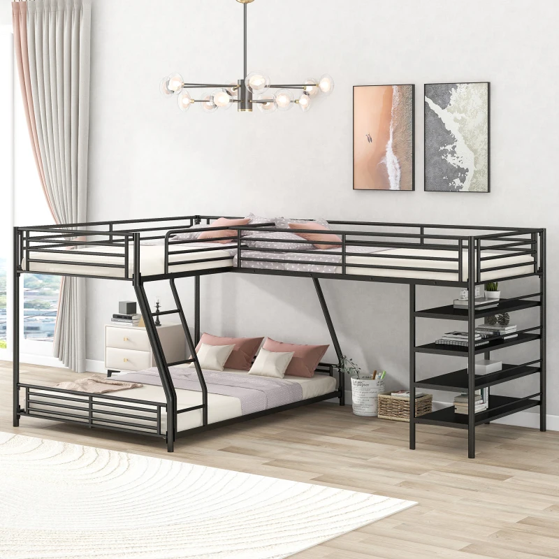 אל-מתכת בצורת תאום מלא על המיטה למיטה זוגית גודל מיטת קומותיים עם ארבעה מובנית המדפים,שחור - 1