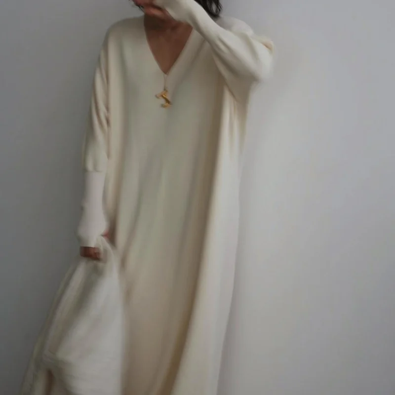 Kuzuwata יפן עצלן סגנון רך פשוט לסרוג את השמלה רופף זמן Vestidos דה Mujer אלגנטי צוואר V פנס שרוול מושך פאטאל החלוק - 1