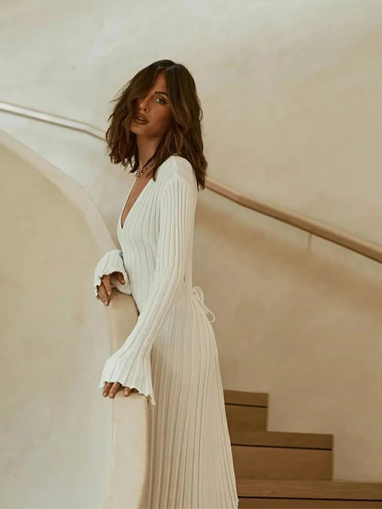 אלגנטי V-צוואר לסרוג שמלות נשים 2022 סתיו מוצק ארוך בחיתולים שרוול התחבושת מזדמנים שמלת מקסי נשית רזה המשרד Vestidos - 1