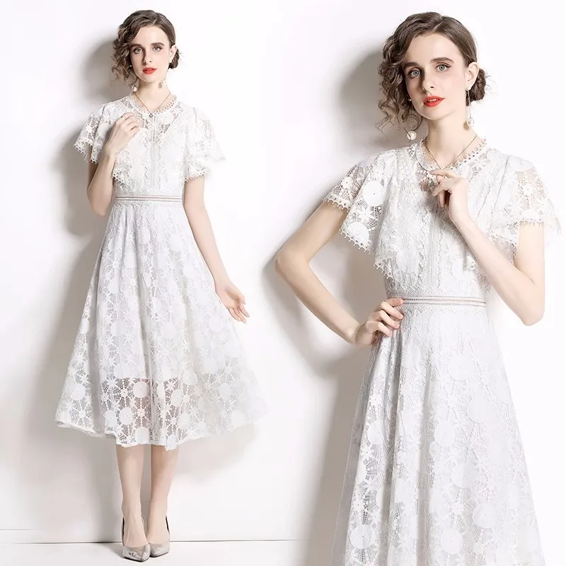 הקיץ יוקרה חדש שרוול פרפר לבן תחרה שמלות Midi עבור נשים ו-צווארון מעצב חלול החוצה רקמה אופנה שמלה - 1