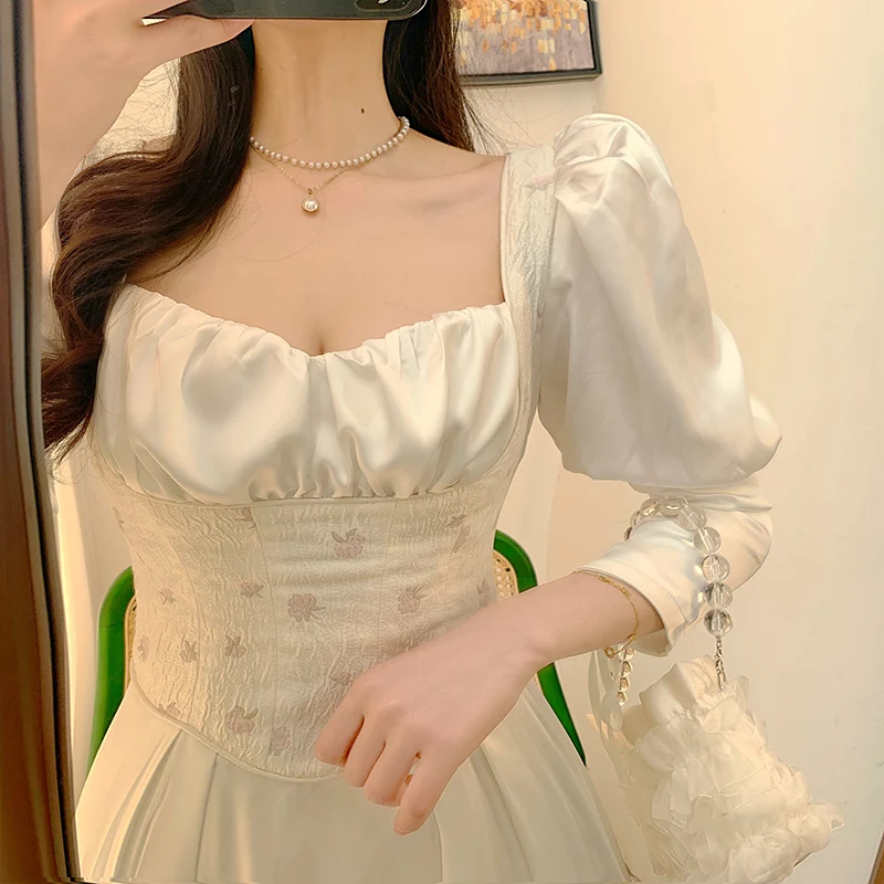 Hemu נישה צעיר אופנה קו חצאית נשים קוריאני בסגנון רטרו עיצוב פאף שרוול המותניים הרזיה אופנה שמלה - 1