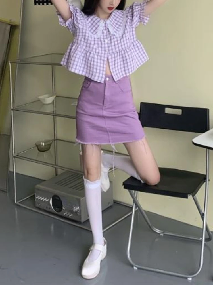 אלגנטי סגול משובץ יבול גג + צבע טהור מיני Skrits 2023 קיץ אופנה קוריאנית חליפות מתוק מזדמן 2 חתיכת השמלה להגדיר נשים - 1