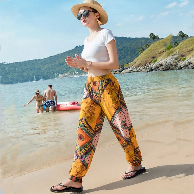 כותנה משי חוף מכנסיים נשים אתני תאילנדי מלאכותי כותנה חופשה מכנסיים רפויים הארון המכנסיים פנס מכנסיים פרח מכנסיים נקבה - 1