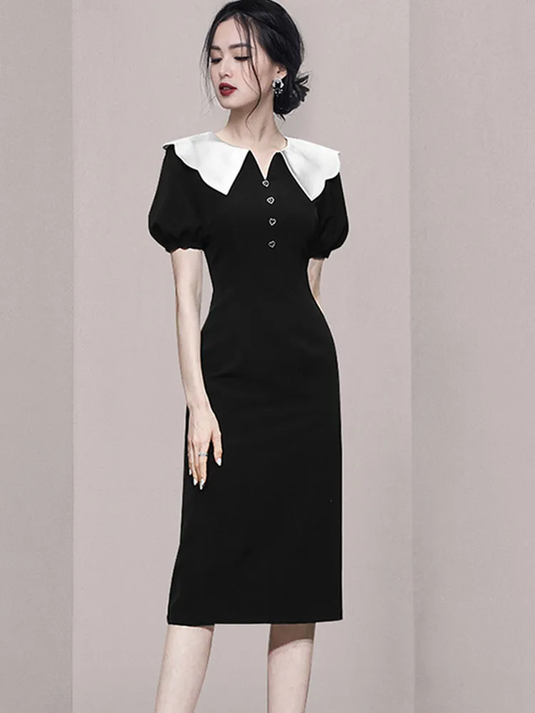 אופנה חדשה לנשים מזג בציר פנס שרוול קצר שמלת קיץ גבירותיי מותניים צרים אמצע אורך השמלה השחורה Vestidos - 1