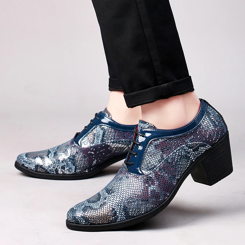 אופנה חדשה כחול נחש נעליים שמלה האיש הצביע עור של גברים עקב גבוה נעליים נוחות שרוכים נעליים מזדמנים גברים פאטוס דה vestir - 1