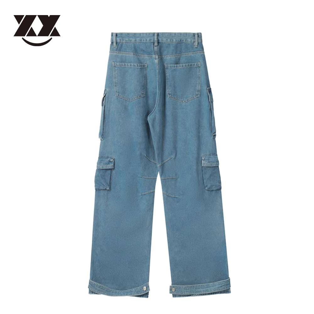 צבע מוצק שטף כחול ג ' ינס מכנסי גברים Harajuku נשים באגי אופנת רחוב כיסים במצוקה דנים מטען המכנסיים מכנסיים גדולים - 1