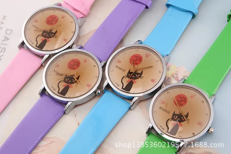 2016 מותג אופנה נשים מזדמן לצפות חתול קטן דפוס שעון-יד ילדה תלמידים קוורץ מצויר שעון שעון שעות relojes - 1