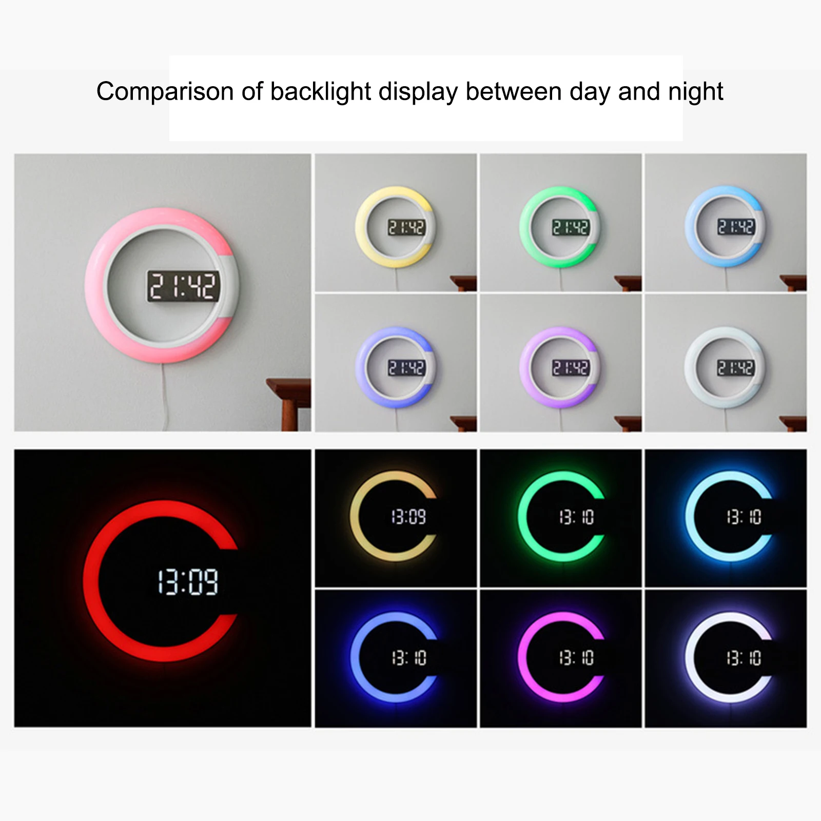 3D LED דיגיטלי קיר שעון מעורר המראה חלול שעון שעון של שולחן 7 צבעים טמפרטורה מנורת הלילה הביתה הסלון קישוטים - 1