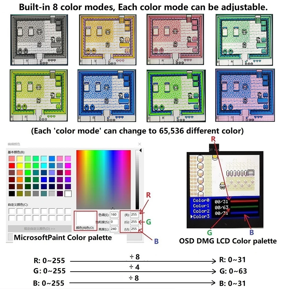 OSD Q5 GBP מסך IPS LCD עבור גיים בוי כיס 8 צבע פיקסל רטרו LCD Mod ערכות - 2