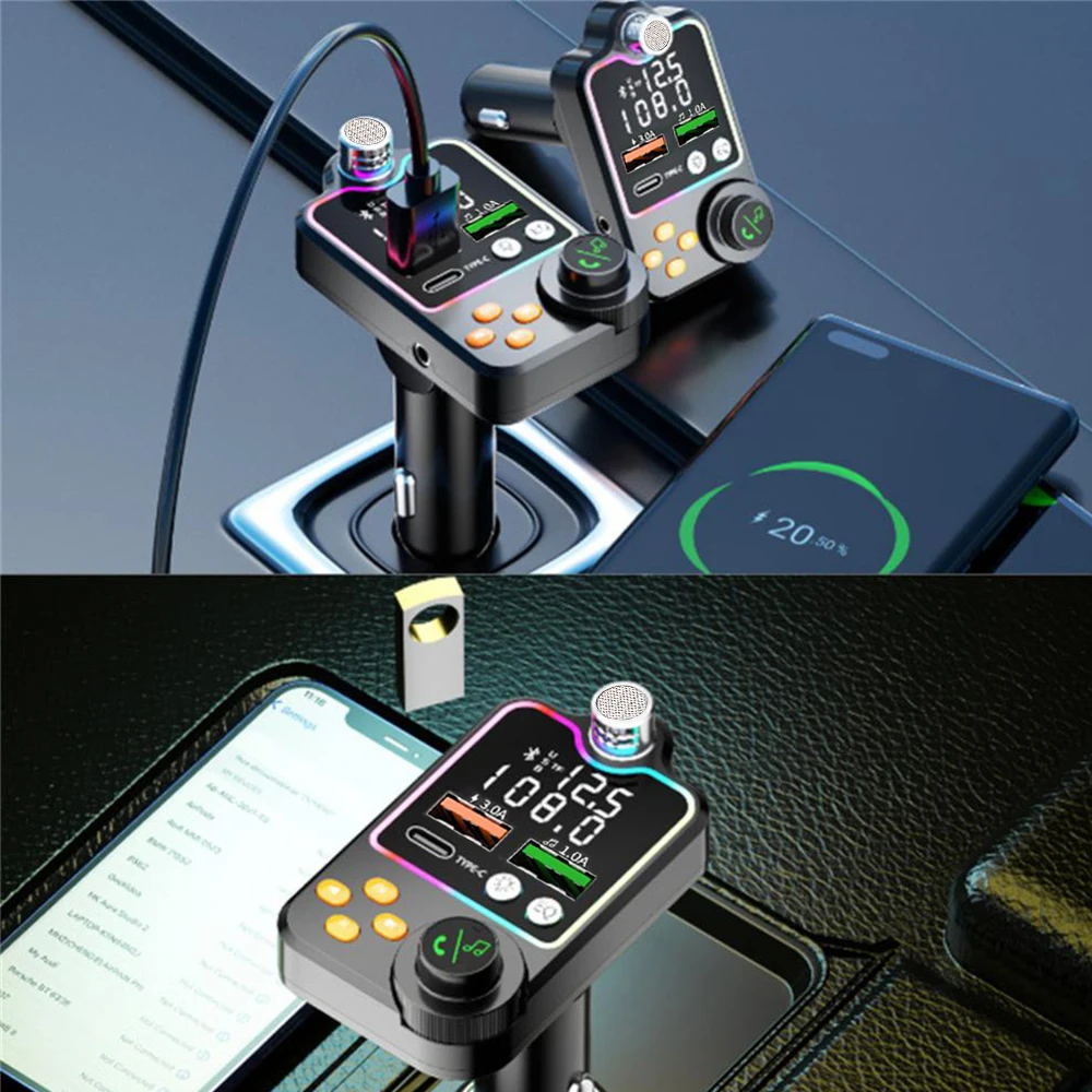 Bluetooth 5.0 הרכב משדר FM Dual USB מטען לרכב משטרת Type-C מהירות טעינה אלחוטית באמצעות דיבורית שיחה מקלט אודיו נגן MP3 - 2