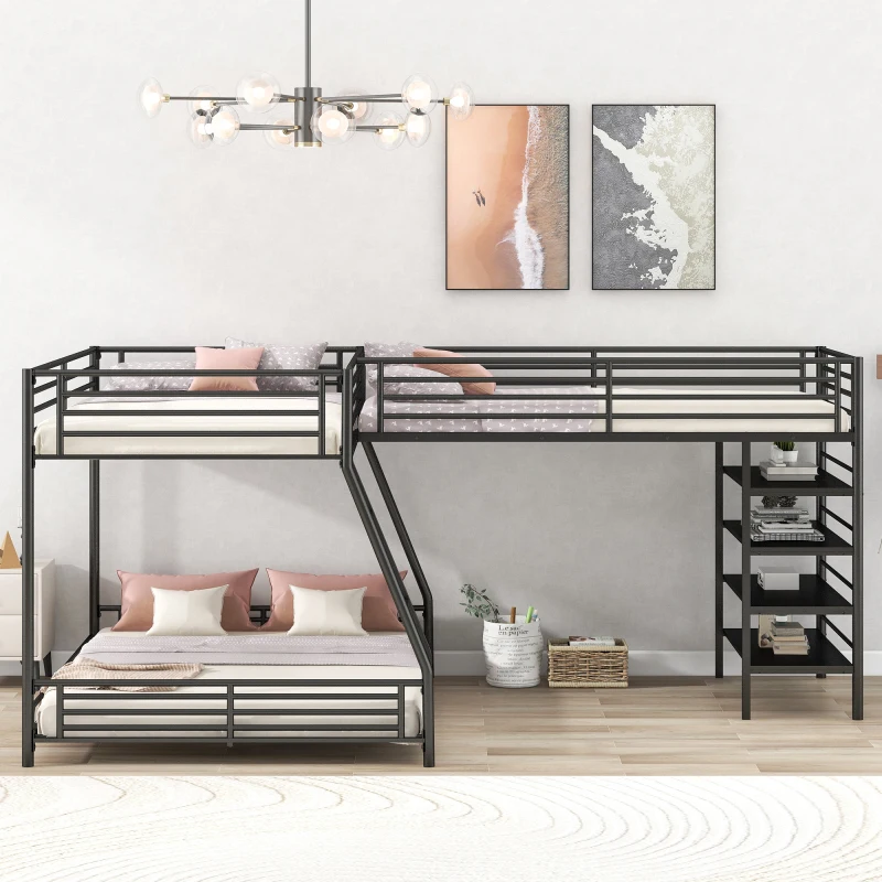 אל-מתכת בצורת תאום מלא על המיטה למיטה זוגית גודל מיטת קומותיים עם ארבעה מובנית המדפים,שחור - 2