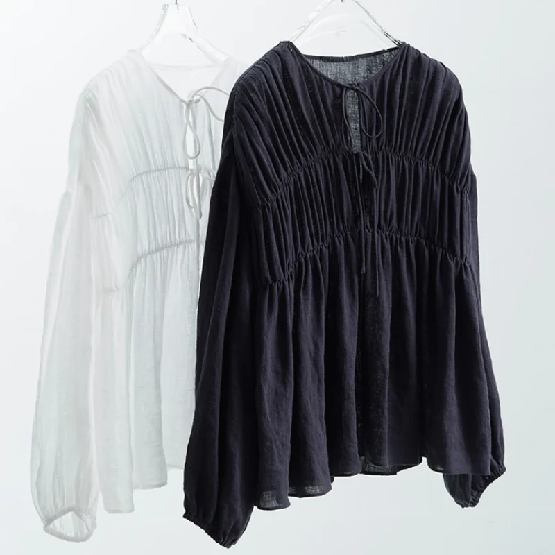 Komiyama או הצוואר תחרה חולצות חולצות וינטג ' אלגנטי עם קפלים Blusas Mujer באביב בגדי נשים יפן אופנה חולצה חולצות - 2