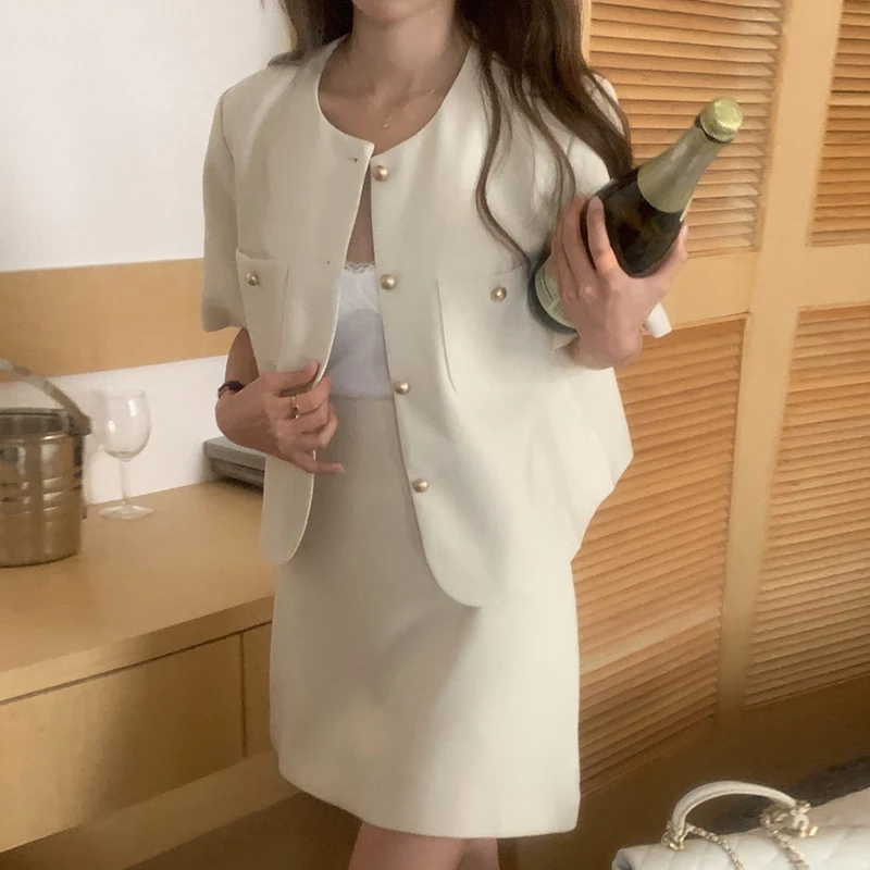 Neploe קוריאנית מתוק בסגנון אלגנטי שתי ערכות קטע 2023 קיץ יחיד בעלות שרוול קצר ג ' קט עם קו מותן גבוה רזה קו החצאית - 2