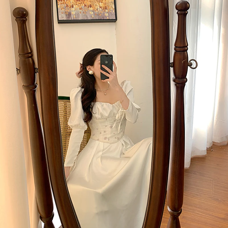 Hemu נישה צעיר אופנה קו חצאית נשים קוריאני בסגנון רטרו עיצוב פאף שרוול המותניים הרזיה אופנה שמלה - 2